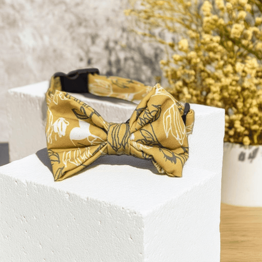 Thunder Tails Spring Buddy Fabric collars with bow tie- Mustard Floral - Thunder Tails